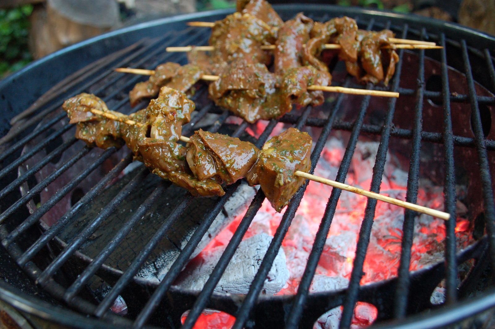 Marinated skewers grilling over glowing charcoal