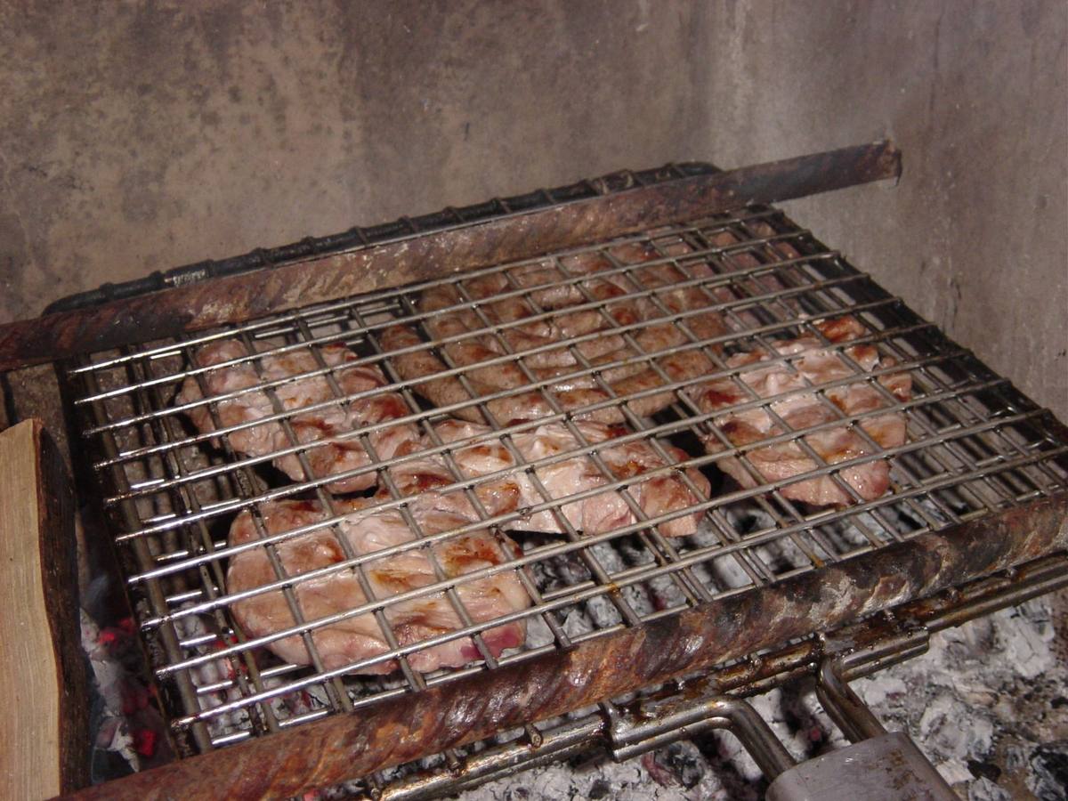 Meat cooking on a grid over coals in a braai
